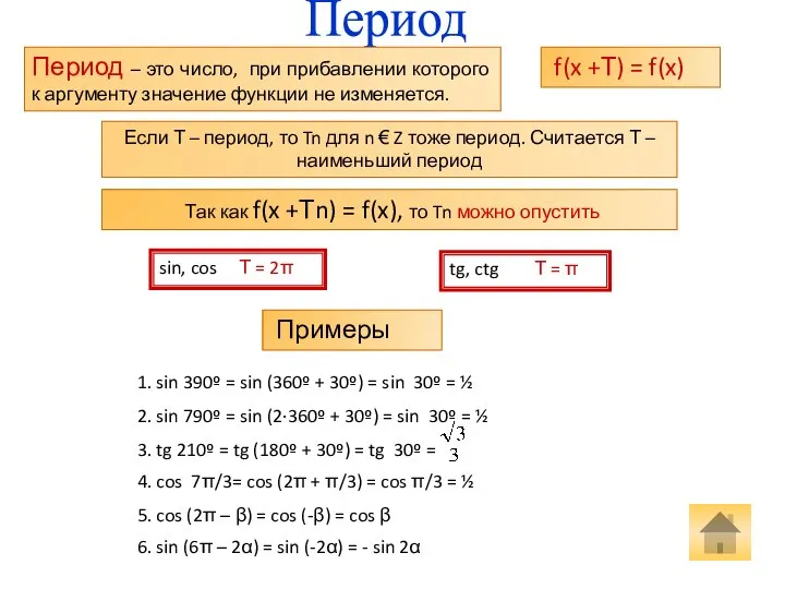 Период Период – это число, при прибавлении которого к аргументу значение