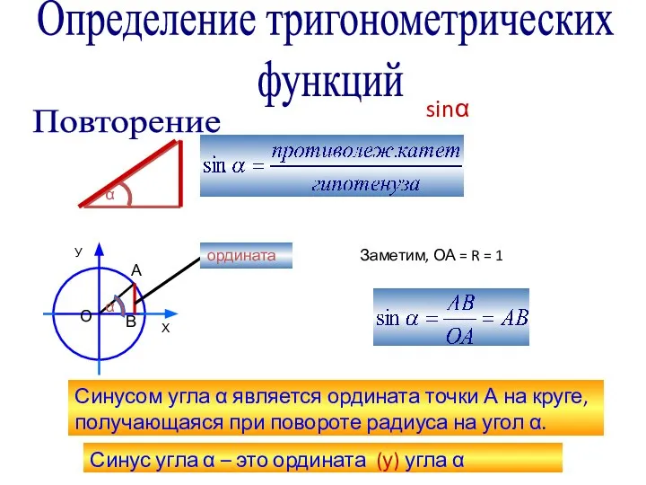 Определение тригонометрических функций Повторение α ордината О А В Заметим, ОА