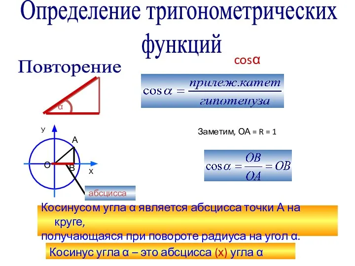 Определение тригонометрических функций Повторение α абсцисса О А В Заметим, ОА