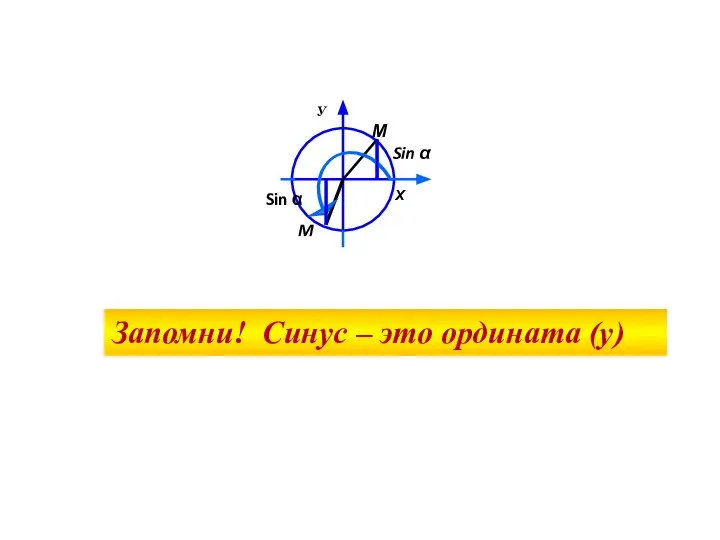 М Sin α Sin α M Запомни! Синус – это ордината (y)