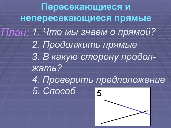 Пересекающиеся и непересекающиеся прямые План: 1. Что мы знаем о прямой?