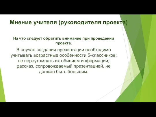 Мнение учителя (руководителя проекта) На что следует обратить внимание при проведении