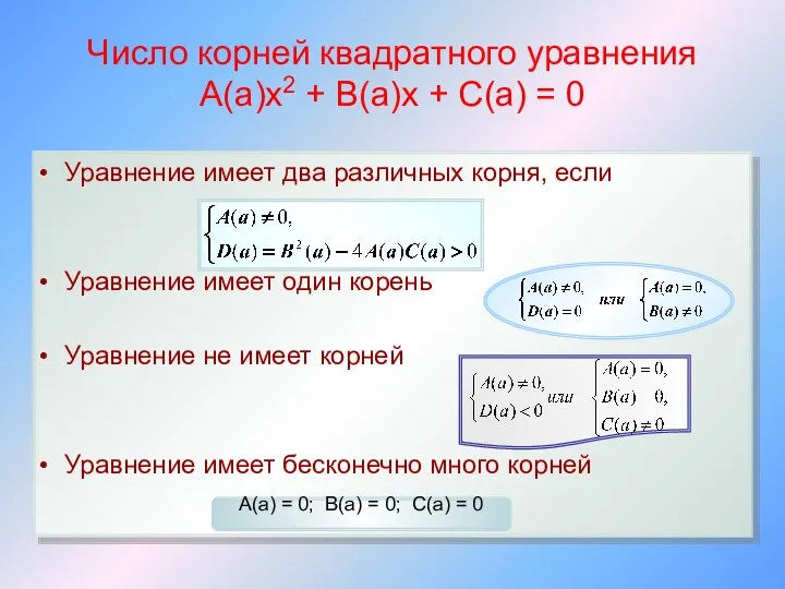 Число корней квадратного уравнения А(а)х2 + В(а)х + С(а) = 0