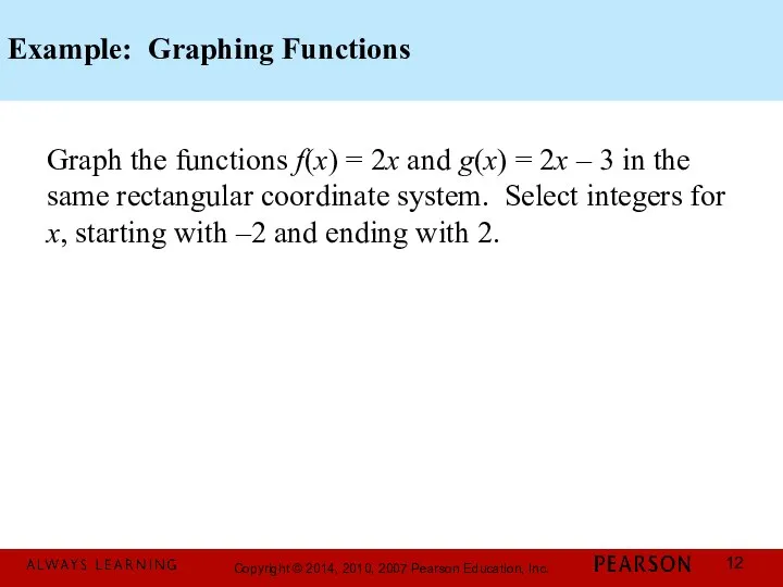 Example: Graphing Functions Graph the functions f(x) = 2x and g(x)