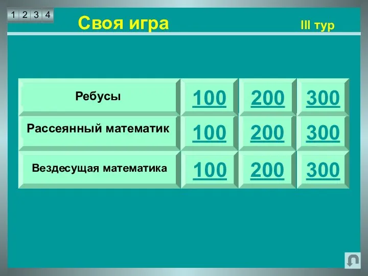 Своя игра III тур 100 100 100 300 300 300 200