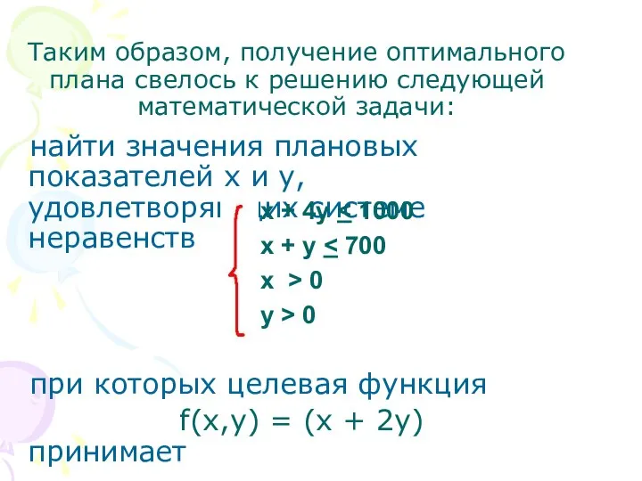 Таким образом, получение оптимального плана свелось к решению следующей математической задачи: