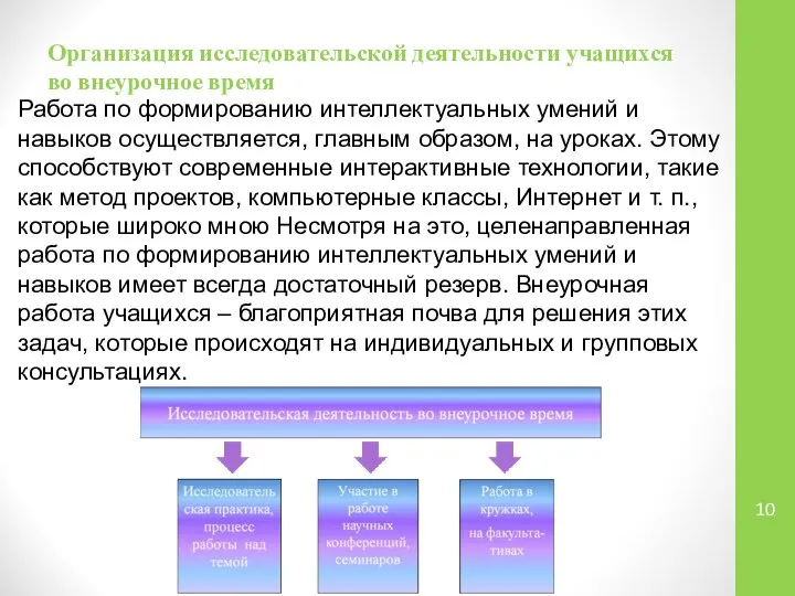 Организация исследовательской деятельности учащихся во внеурочное время Работа по формированию интеллектуальных