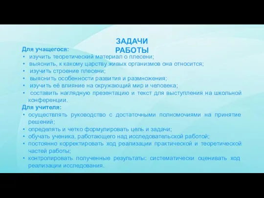 ЗАДАЧИ РАБОТЫ Для учащегося: изучить теоретический материал о плесени; выяснить, к