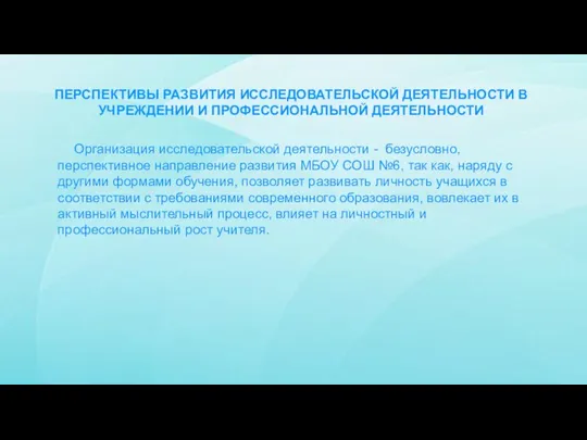 ПЕРСПЕКТИВЫ РАЗВИТИЯ ИССЛЕДОВАТЕЛЬСКОЙ ДЕЯТЕЛЬНОСТИ В УЧРЕЖДЕНИИ И ПРОФЕССИОНАЛЬНОЙ ДЕЯТЕЛЬНОСТИ Организация исследовательской