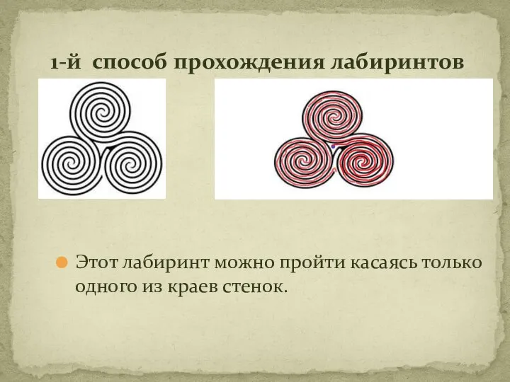 1-й способ прохождения лабиринтов Этот лабиринт можно пройти касаясь только одного из краев стенок.