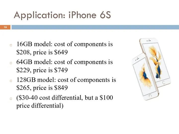 Application: iPhone 6S 16GB model: cost of components is $208, price