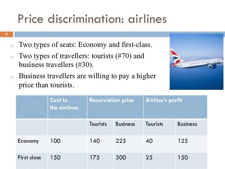 Price discrimination: airlines Two types of seats: Economy and first-class. Two