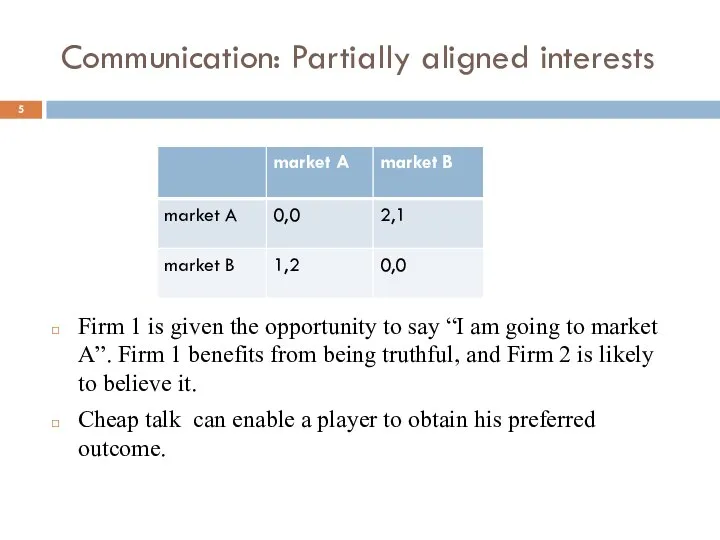 Communication: Partially aligned interests Firm 1 is given the opportunity to