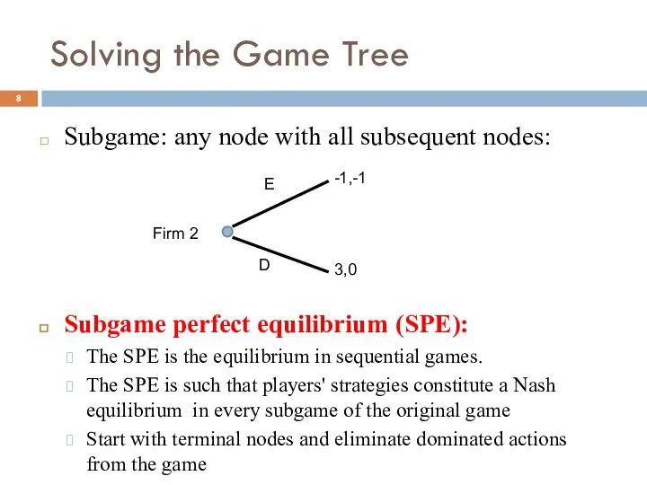 Solving the Game Tree Subgame: any node with all subsequent nodes: