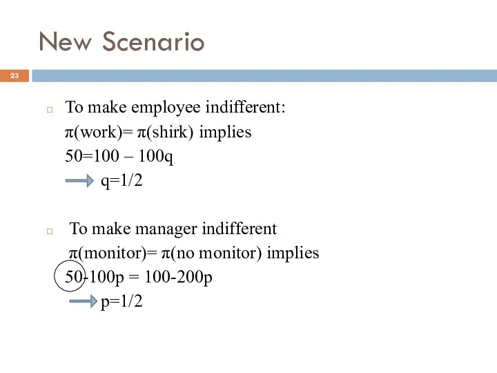 New Scenario To make employee indifferent: π(work)= π(shirk) implies 50=100 –