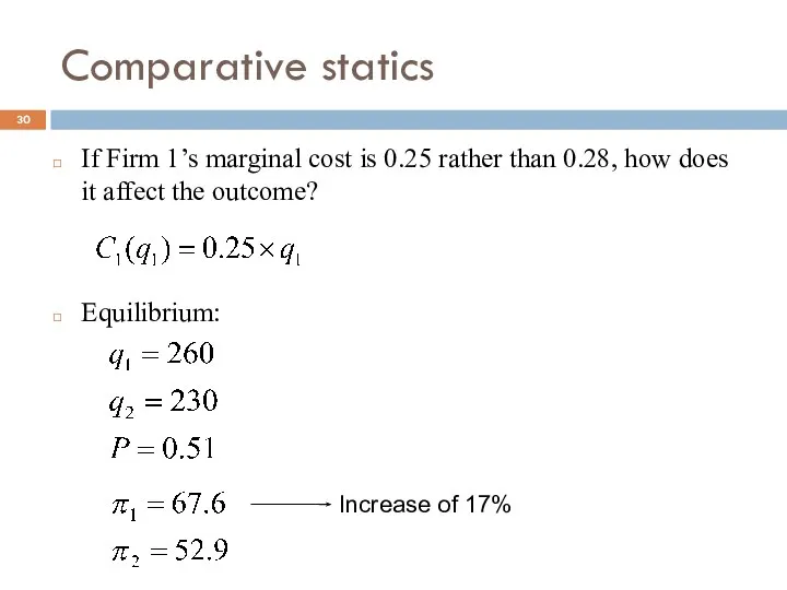 Comparative statics If Firm 1’s marginal cost is 0.25 rather than