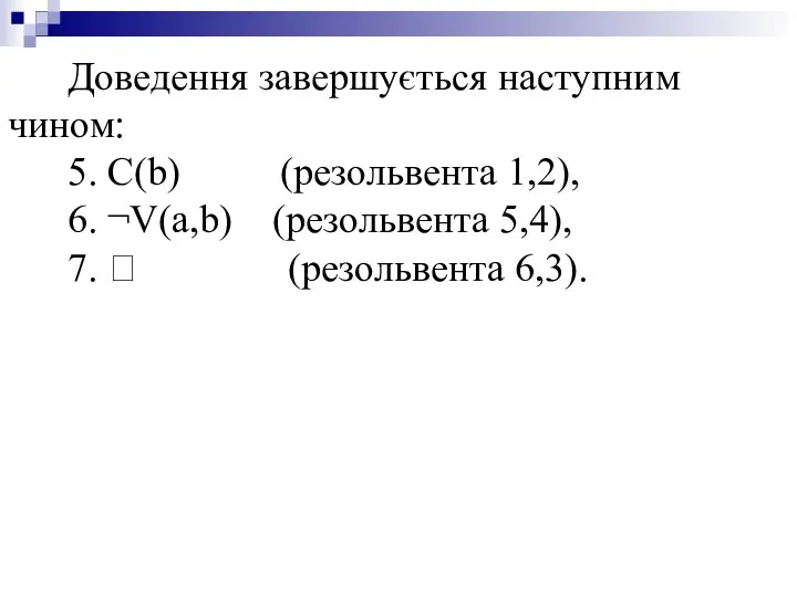 Доведення завершується наступним чином: 5. С(b) (резольвента 1,2), 6. ¬V(a,b) (резольвента 5,4), 7.  (резольвента 6,3).