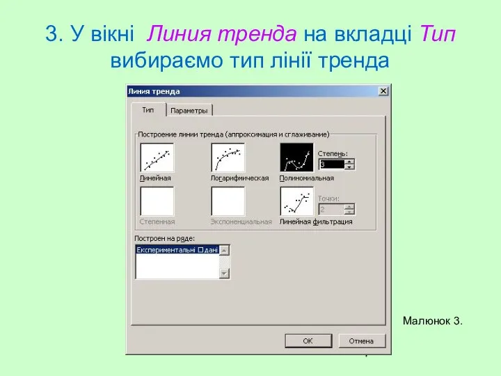 3. У вікні Линия тренда на вкладці Тип вибираємо тип лінії тренда Малюнок 3.