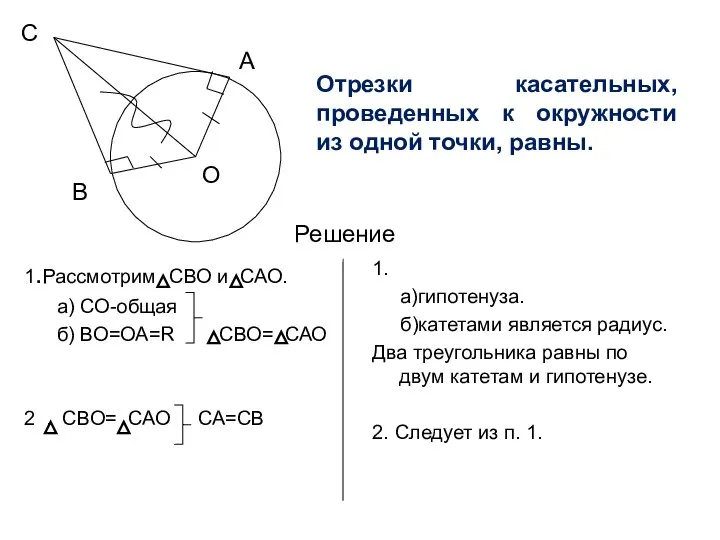 Отрезки касательных, проведенных к окружности из одной точки, равны. 1.Рассмотрим СВО