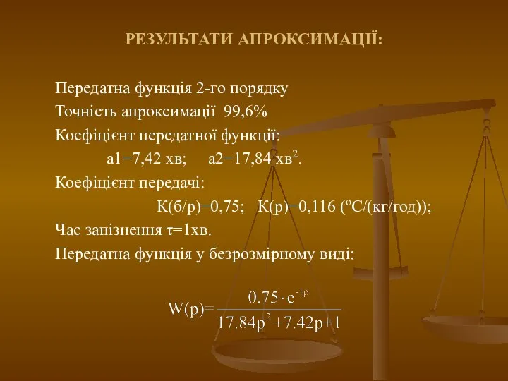 РЕЗУЛЬТАТИ АПРОКСИМАЦІЇ: Передатна функція 2-го порядку Точність апроксимації 99,6% Коефіцієнт передатної