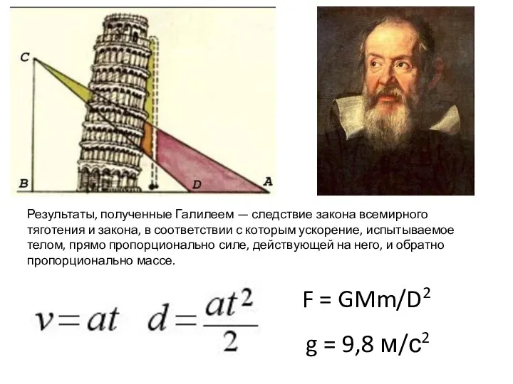 Результаты, полученные Галилеем — следствие закона всемирного тяготения и закона, в