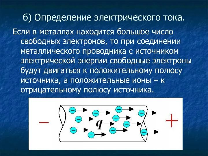 б) Определение электрического тока. Если в металлах находится большое число свободных