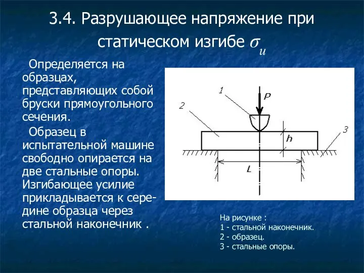 3.4. Разрушающее напряжение при статическом изгибе σи Определяется на образцах, представляющих