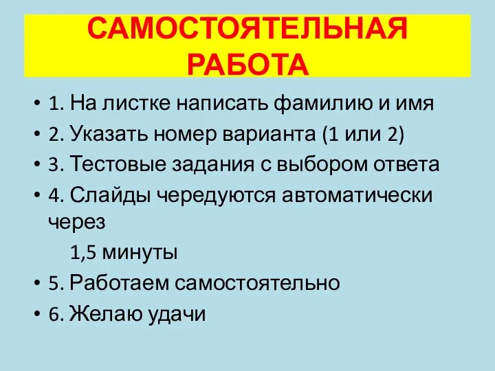 САМОСТОЯТЕЛЬНАЯ РАБОТА 1. На листке написать фамилию и имя 2. Указать