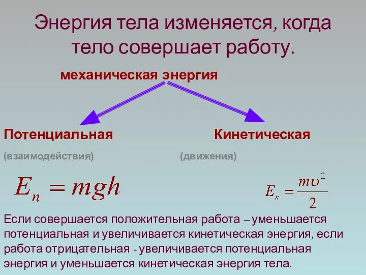 Энергия тела изменяется, когда тело совершает работу. механическая энергия Потенциальная Кинетическая