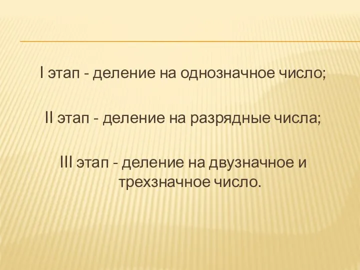 I этап - деление на однозначное число; II этап - деление