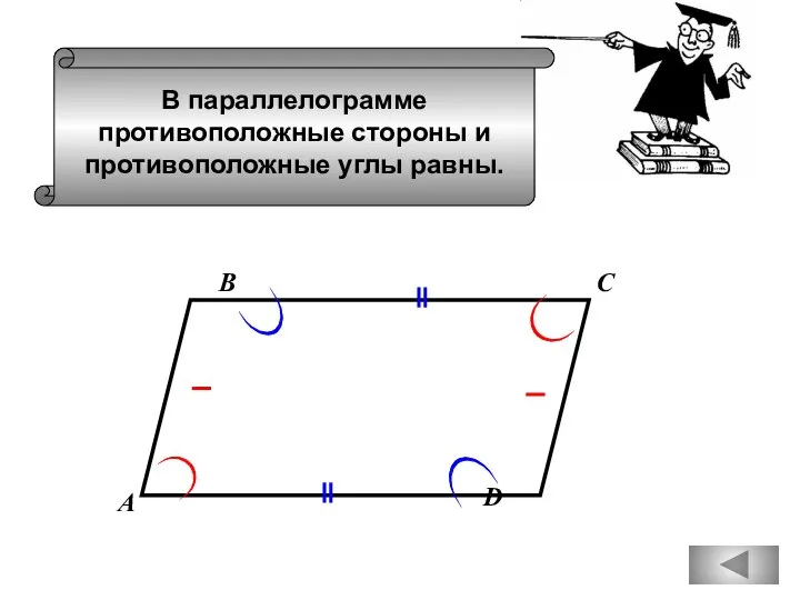 В параллелограмме противоположные стороны и противоположные углы равны. А С В D