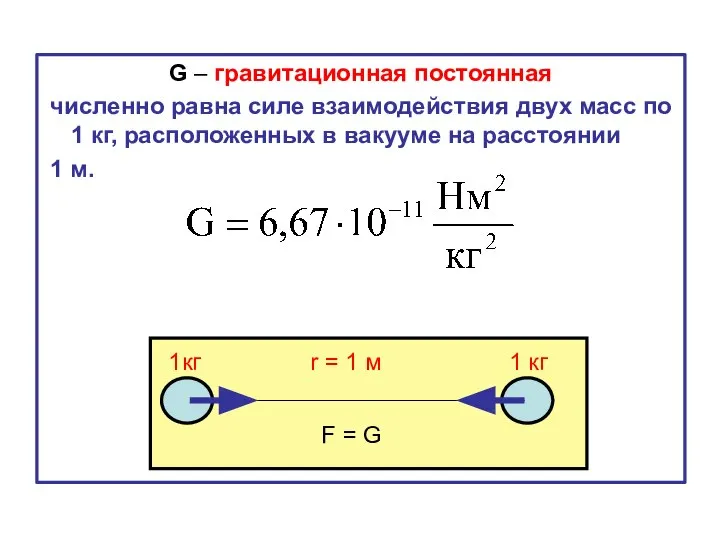 G – гравитационная постоянная численно равна силе взаимодействия двух масс по