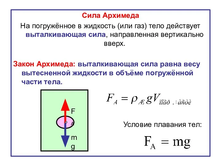 Сила Архимеда На погружённое в жидкость (или газ) тело действует выталкивающая