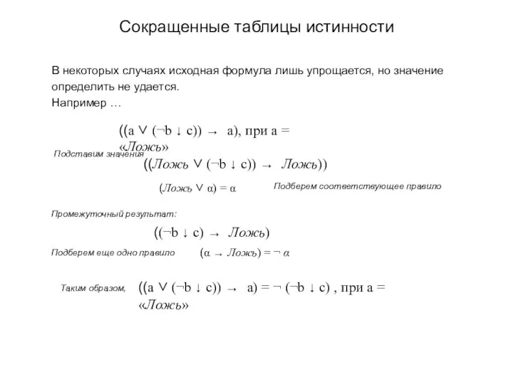 Сокращенные таблицы истинности В некоторых случаях исходная формула лишь упрощается, но