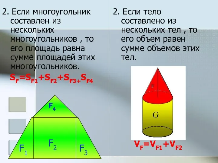 2. Если многоугольник составлен из нескольких многоугольников , то его площадь