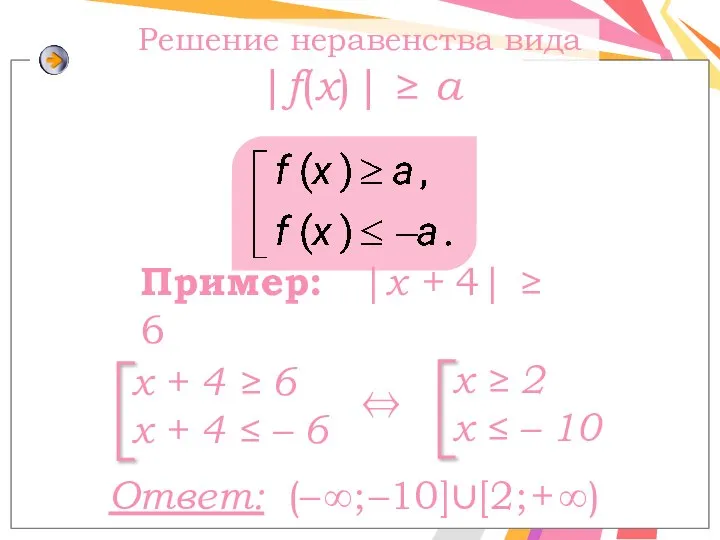 Пример: |x + 4| ≥ 6 ⇔ Ответ: (– ∞; –10]∪[2;