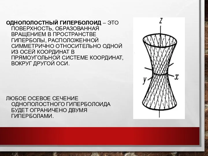 ОДНОПОЛОСТНЫЙ ГИПЕРБОЛОИД – ЭТО ПОВЕРХНОСТЬ, ОБРАЗОВАННАЯ ВРАЩЕНИЕМ В ПРОСТРАНСТВЕ ГИПЕРБОЛЫ, РАСПОЛОЖЕННОЙ