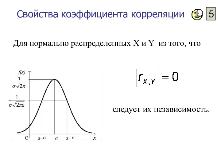 Свойства коэффициента корреляции 5 Для нормально распределенных Х и Y из того, что следует их независимость.