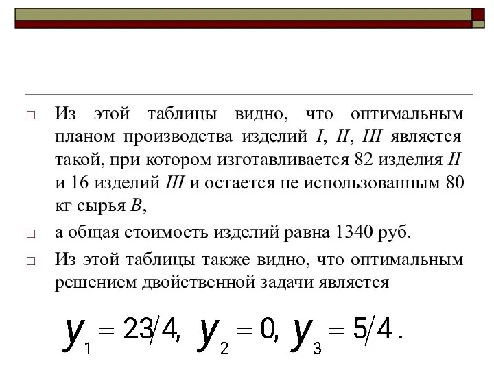 Из этой таблицы видно, что оптимальным планом производства изделий I, II,