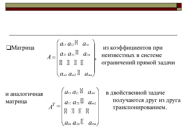 Матрица из коэффициентов при неизвестных в системе ограничений прямой задачи и