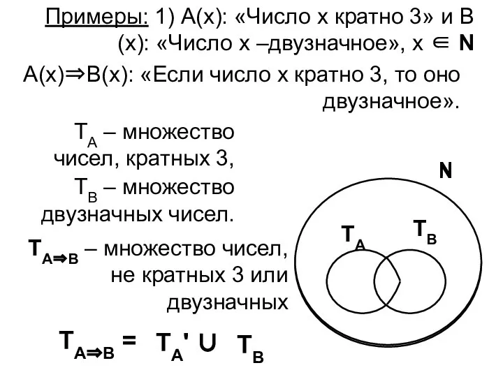 Примеры: 1) А(х): «Число х кратно 3» и В(х): «Число х