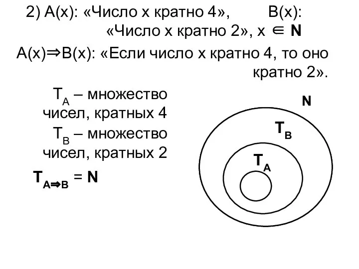 2) А(х): «Число х кратно 4», В(х): «Число х кратно 2»,