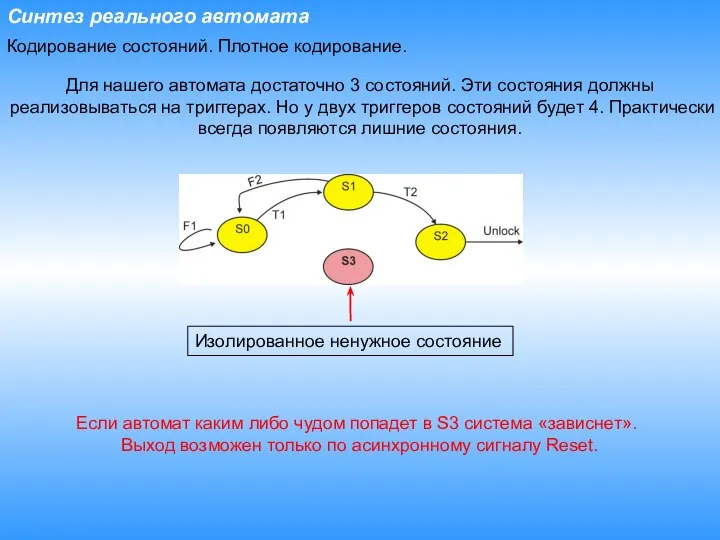 Синтез реального автомата Кодирование состояний. Плотное кодирование. Для нашего автомата достаточно