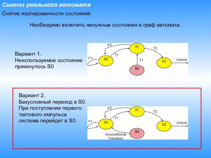 Синтез реального автомата Снятие изолированности состояний. Необходимо включить ненужные состояния в