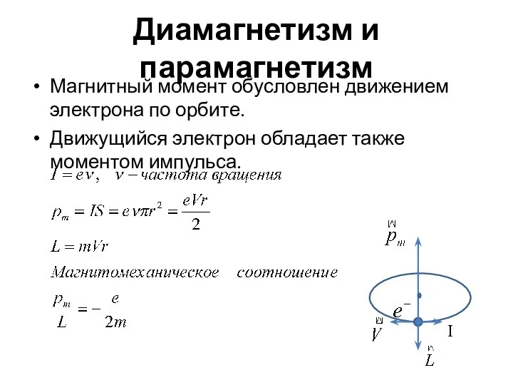 Диамагнетизм и парамагнетизм I Магнитный момент обусловлен движением электрона по орбите.