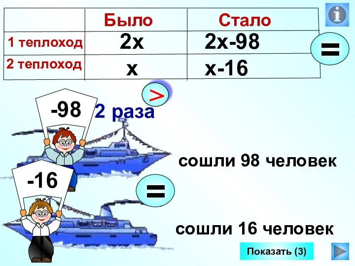 сошли 98 человек сошли 16 человек Показать (3) х 2х 2х-98 х-16