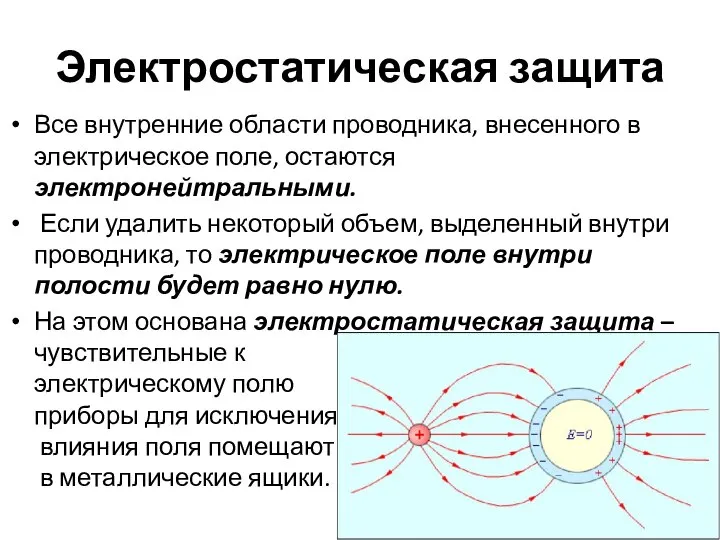 Электростатическая защита Все внутренние области проводника, внесенного в электрическое поле, остаются