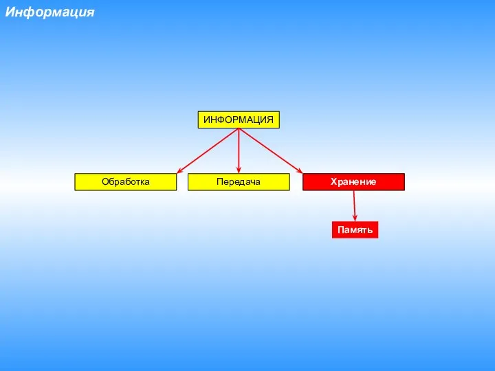 Информация ИНФОРМАЦИЯ Передача Хранение Обработка Память
