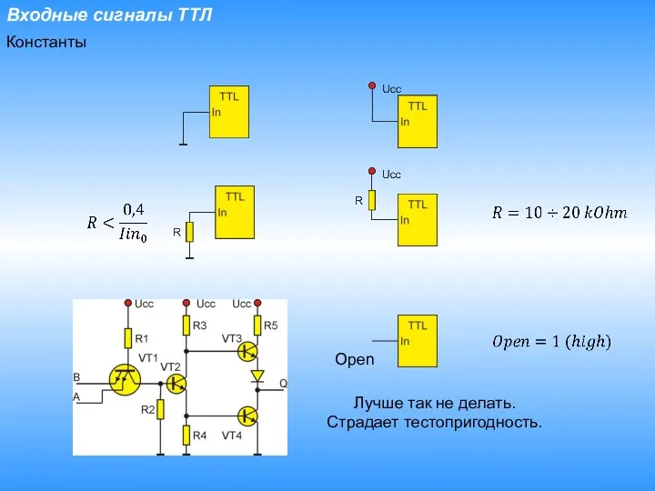 Входные сигналы ТТЛ Константы Open Лучше так не делать. Страдает тестопригодность.