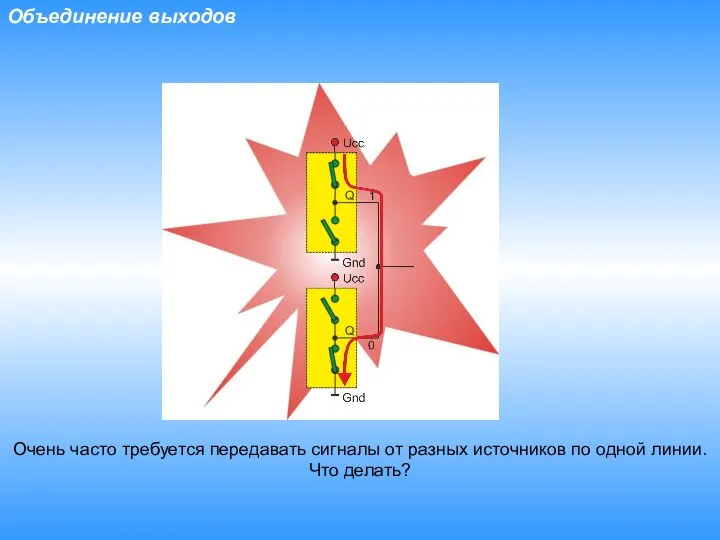 Объединение выходов Очень часто требуется передавать сигналы от разных источников по одной линии. Что делать?